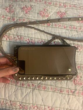 Bandolier Taupe/Brown Leather Studded Crossbody Phone Wallet